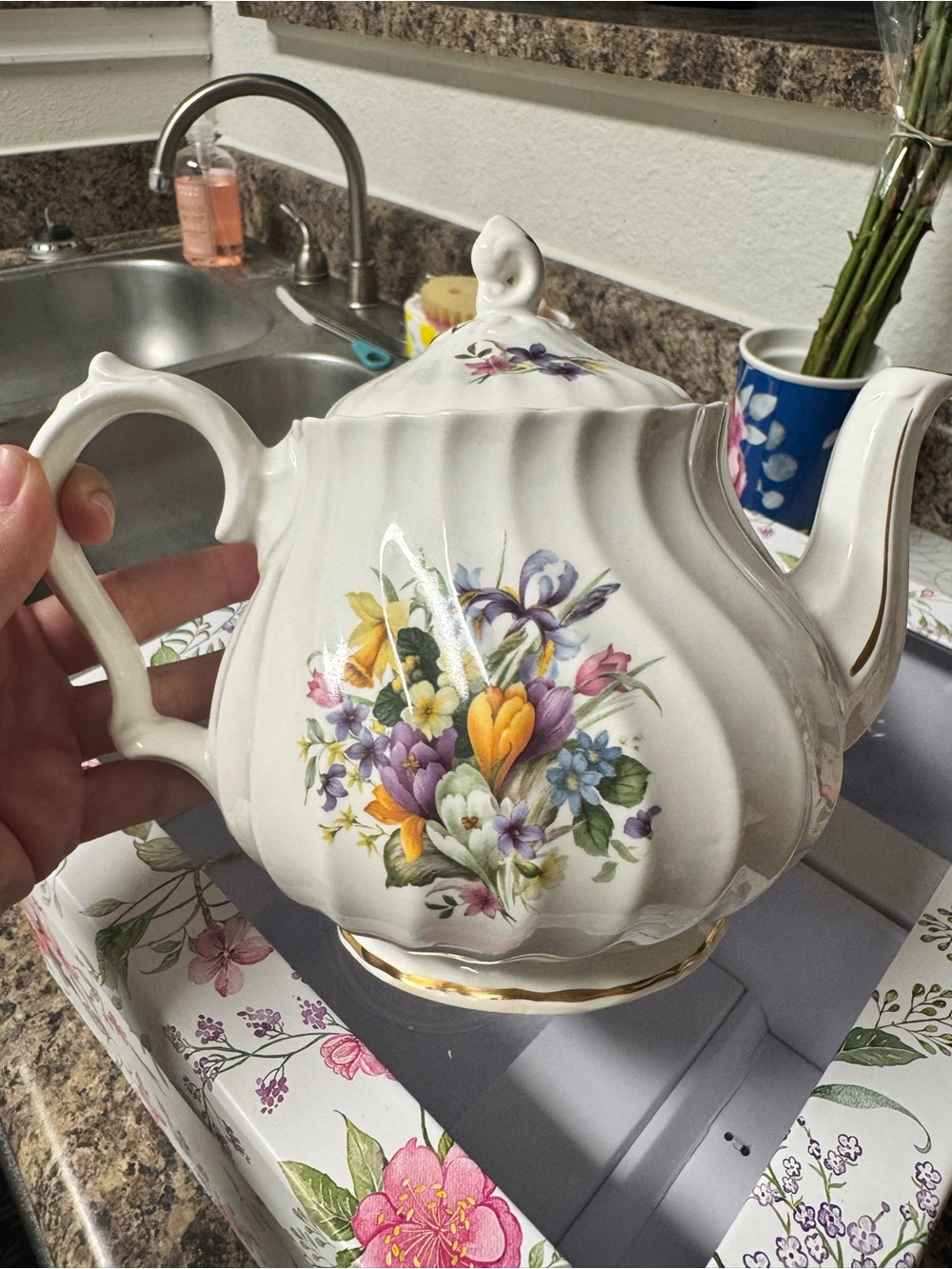 White Floral Porcelain Teapot with Multicolor Bouquet Design